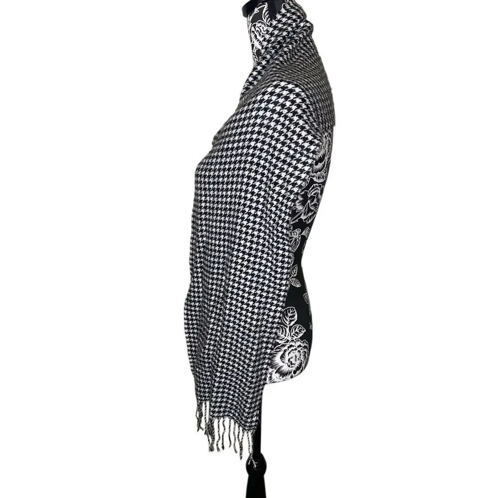 Black White Houndstooth Tassel Scarf Classic Checkered Wrap Winter Shawl Boho
